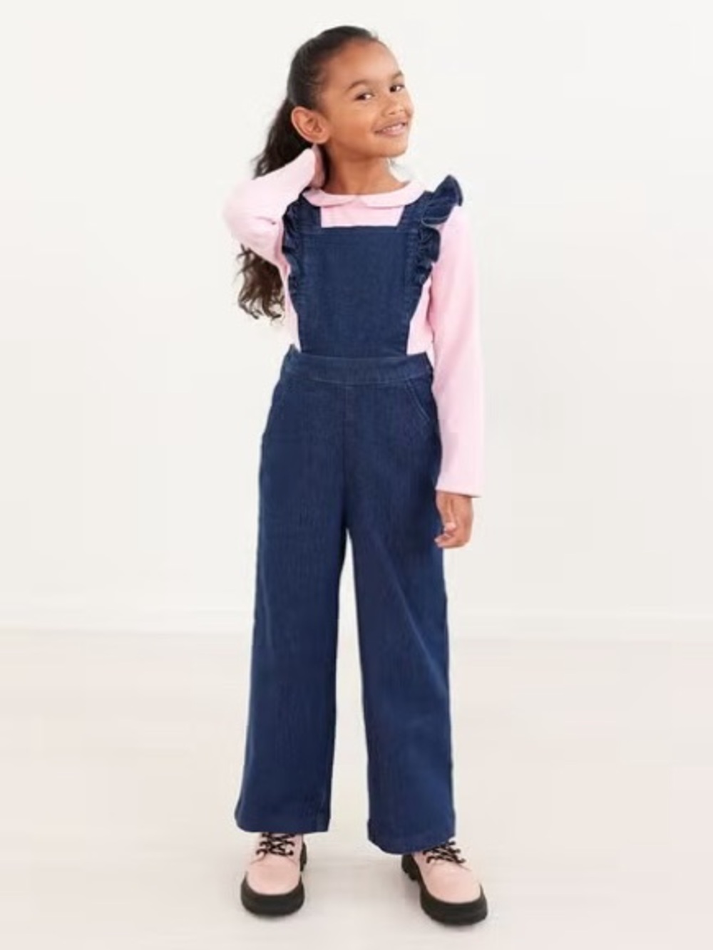 Hanna Andersson Ruffle Jumpsuit In Stretch Denim Blue Cotton